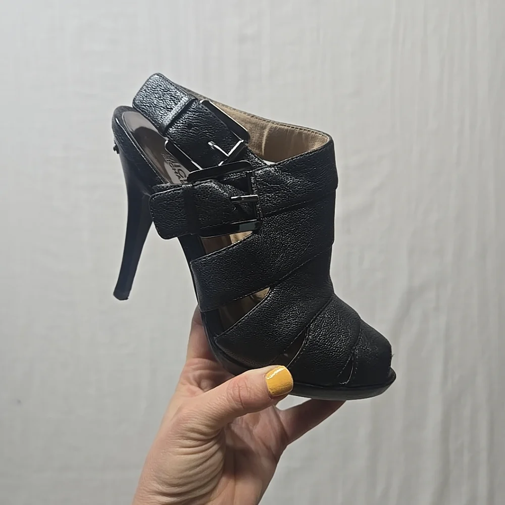 Michael Kors CHARCOAL‎ SOFT METALLIC LEATHER Open Toe Stiletto Heel Women's 6 M